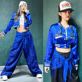 成人嘻哈街舞潮牌蓝色刺绣外套kpop女团演出服爵士跳舞穿搭工装 裤