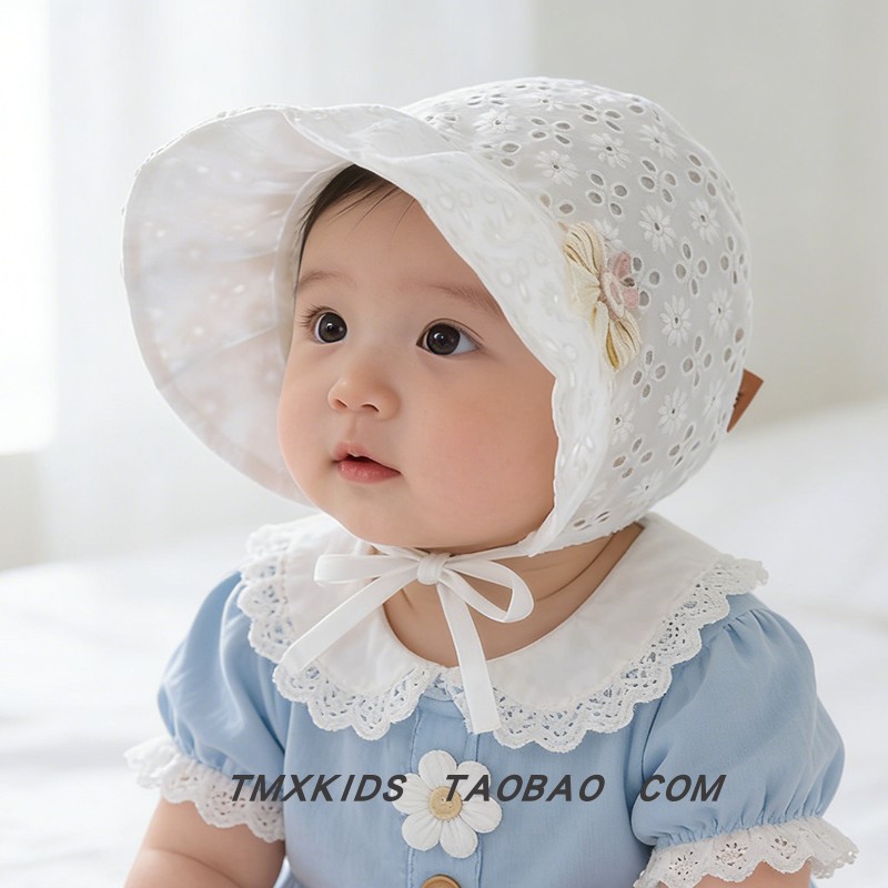 婴儿帽子春夏季宝宝透气镂空花朵蕾丝宫廷帽女童可爱防晒遮阳帽子