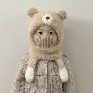 儿童一体帽冬季加绒加厚男女童毛绒帽子围巾两件套宝宝保暖护耳帽