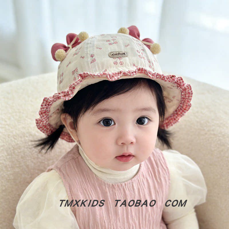 婴儿帽子春秋女宝宝遮阳防晒渔夫帽可爱花朵蝴蝶结球球荷叶边盆帽