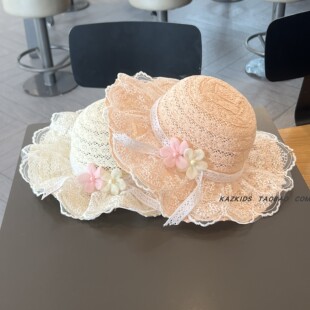 女童太阳帽子夏季大帽檐花边草帽婴儿遮阳帽公主女宝宝蕾丝防晒帽