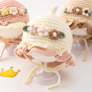 婴儿帽子秋冬款女宝宝公主帽小花洋气可爱女小童针织护耳帽毛线帽