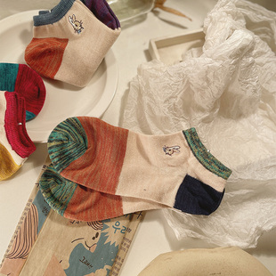 刺绣可爱袜卡通韩版 日系撞色棉质潮流女短袜 透气船袜子 薄款 夏季