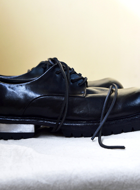 女子手工鞋 昱谷の方圆头洗水马皮DERBY 不锈钢 暗黑厚底小皮鞋