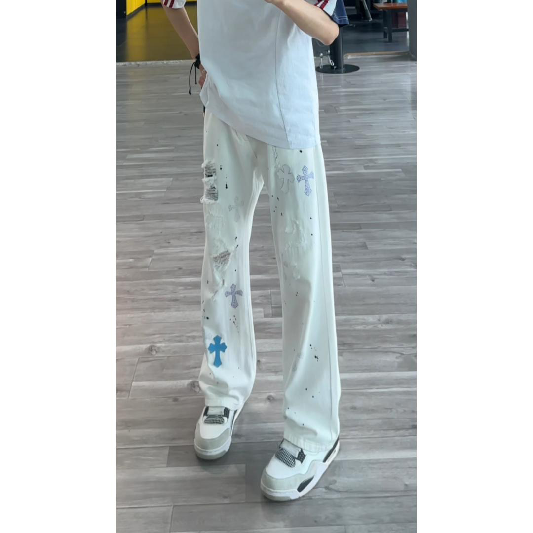 高街风轻奢十字架烫钻贴皮破洞牛仔裤男夏季潮修身直筒半松紧长裤