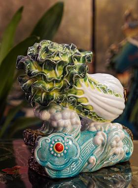 【本尼家】AM31非遗手工石湾陶《百财如意》大号白菜装饰客厅摆件