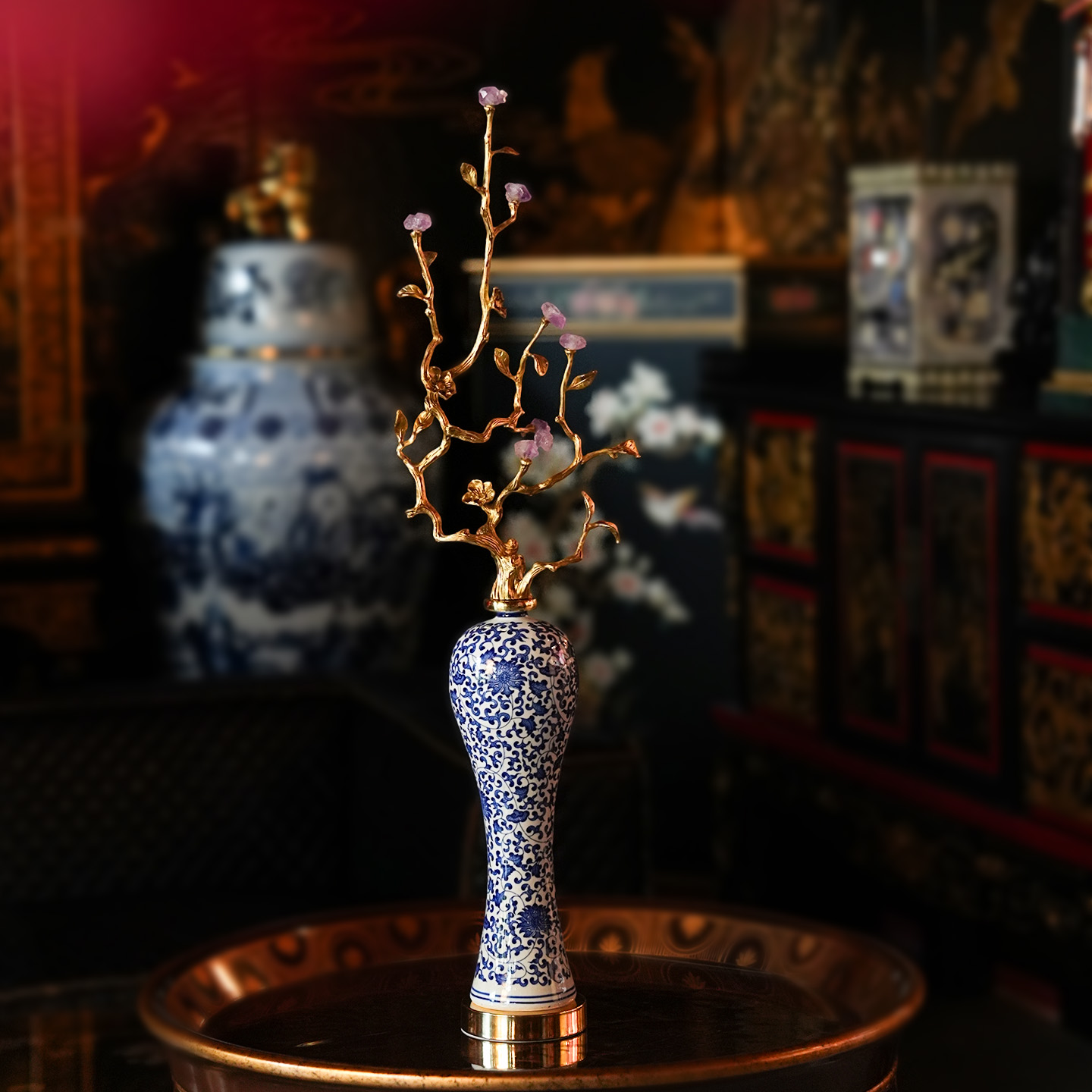 【本尼家】JH09新中式青花瓷美人瓶配黄铜水晶家居装饰玄关摆件