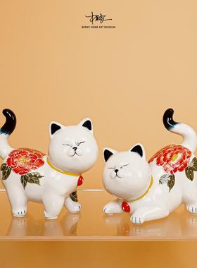 【本尼家】中式个性冰裂纹陶瓷小猫客厅书房桌面玄关摆件