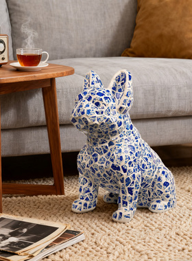 【本尼家】马赛克青花瓷手工贴片装饰家居客厅玄关小狗摆件