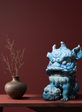 【本尼家】非遗手工蓝釉石湾陶中式陶瓷狮子瑞兽桌面装饰玄关摆件