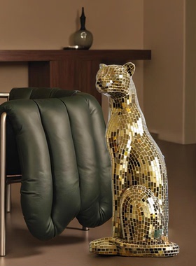 【本尼家】BJ03香槟金镜片小号豹子手工贴片装饰玄关落地摆件