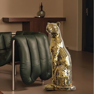 【本尼家】BJ03香槟金镜片小号豹子手工贴片装饰玄关落地摆件