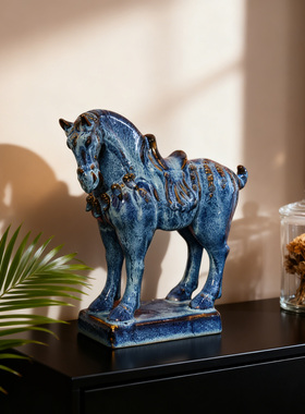 【本尼家】AM103非遗手工石湾陶窑变《钧蓝唐马》玄关装饰摆件