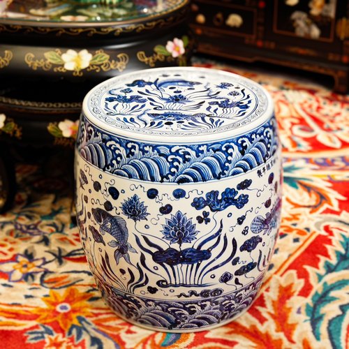 【BENNY本尼家】手工手绘仿明青莲年有鱼陶瓷鼓凳家居落地凳换鞋