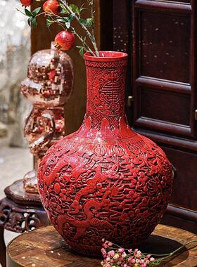 【本尼家】GY12中式陶瓷红釉龙纹手工雕刻高档花瓶天球瓶玄关摆件