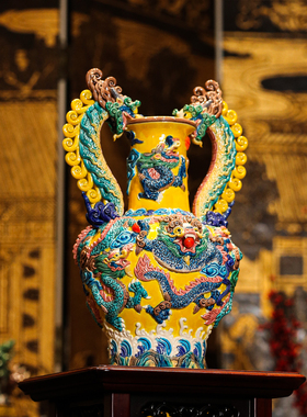 【本尼家】非遗手工彩釉交趾陶大九龙瓶中式陶瓷家居装饰玄关摆件