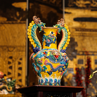 【本尼家】非遗手工彩釉交趾陶大九龙瓶中式陶瓷家居装饰玄关摆件