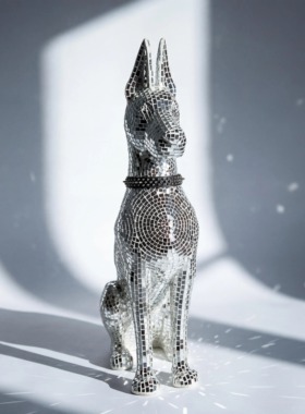 【本尼家】BJ169现代艺术玻璃钢银色镜片装饰杜宾犬落地装饰摆件