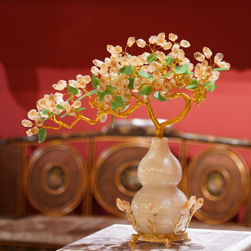 【本尼家】SS87中式玉石福禄葫芦金枝玉叶办公室创意玄关摆件
