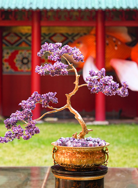 【本尼家】HY02新中式禅意装饰聚宝盆紫水晶黄铜树家居玄关摆件