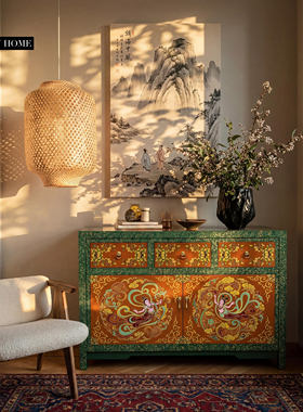 【本尼家】TS83新中式实木彩绘餐边柜古典玄关柜120*40*81cm