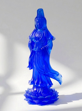 【本尼家】LL21非遗好物古法琉璃蓝色莲花观音家居桌面玄关摆件