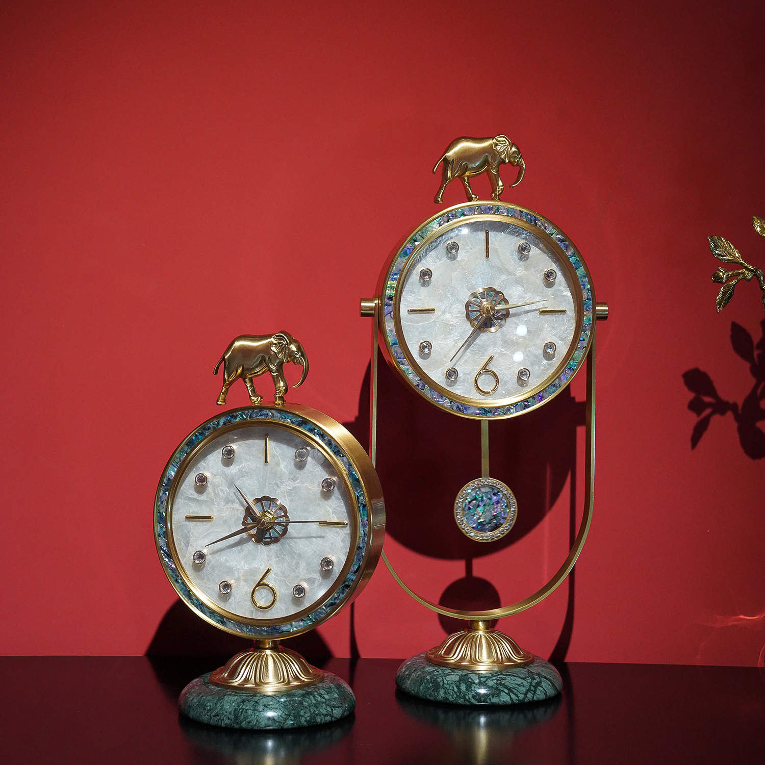 【本尼家】法式轻奢铜镶大理石大象客厅软白贝钟表卧装饰座钟摆件