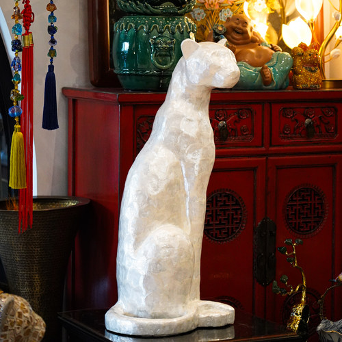 【本尼家】BJ02银白软贝壳小号豹子艺术装饰家居玄关落地摆件