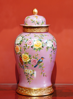 【本尼家】YS64粉红底手绘花卉漆瓷小号将军罐桌面装饰玄关摆件