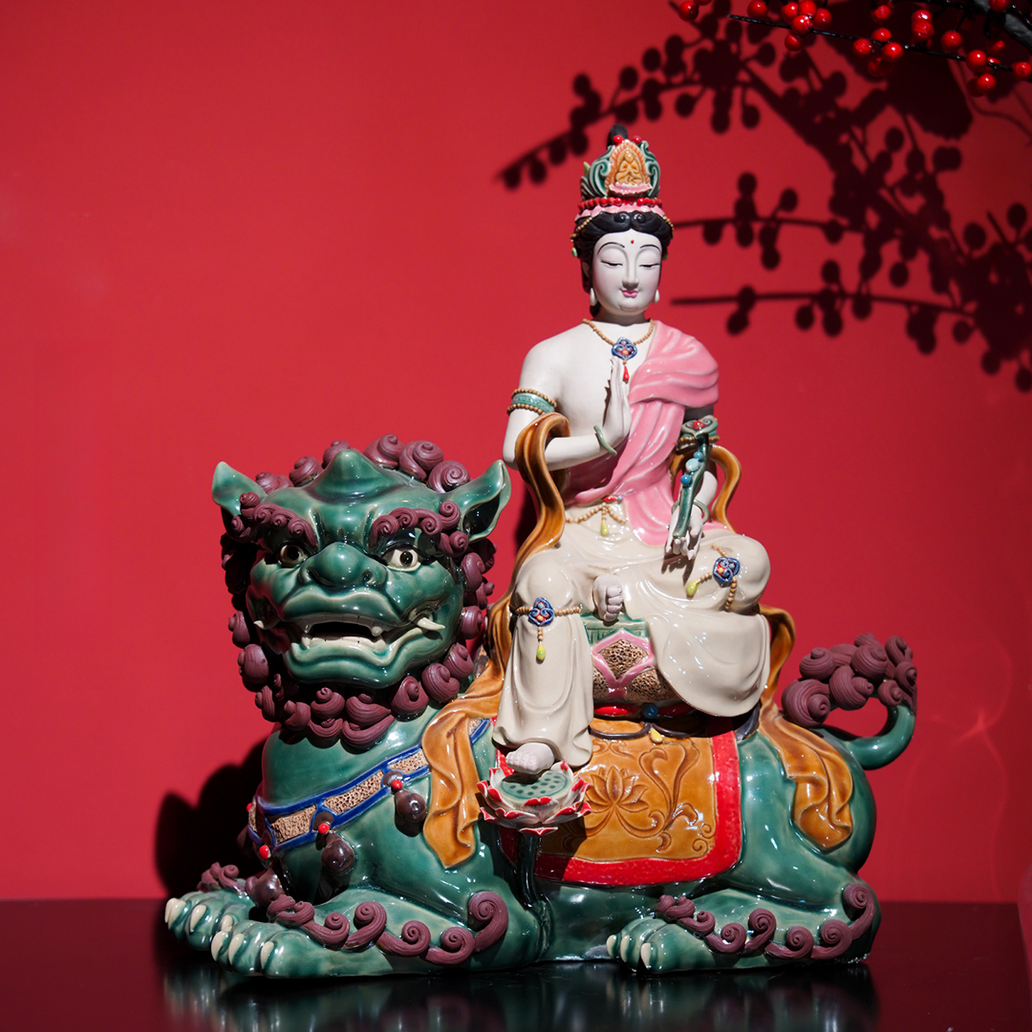 【本尼家】AM56非遗手工石湾陶瓷文殊菩萨观音坐狮装饰玄关摆件