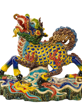 【本尼家】YJ57新中式非遗交趾陶麒麟踏祥云家居玄关装饰桌面摆件