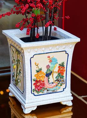 【本尼家】AM25非遗手工石湾陶白色花鸟花卉花盆花瓶插花装饰摆件