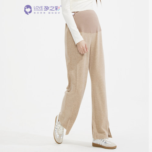 孕之彩孕妇裤春秋外穿宽松开叉休闲裤托腹可调节薄绒直筒阔腿裤