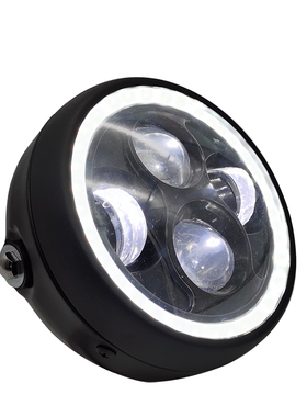 摩托车复古前大灯电动车LED四目带光圈改装件车灯CG125哈雷前照灯