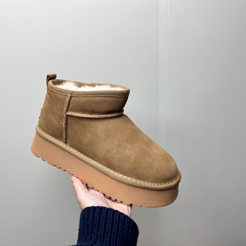 工厂2025处理冬款断码真皮女鞋雪地靴牛皮厚底套脚绒里羊毛女短靴