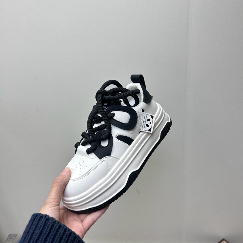 工厂断码真皮运动鞋女2025秋季新款圆头系带厚底增高女板鞋35