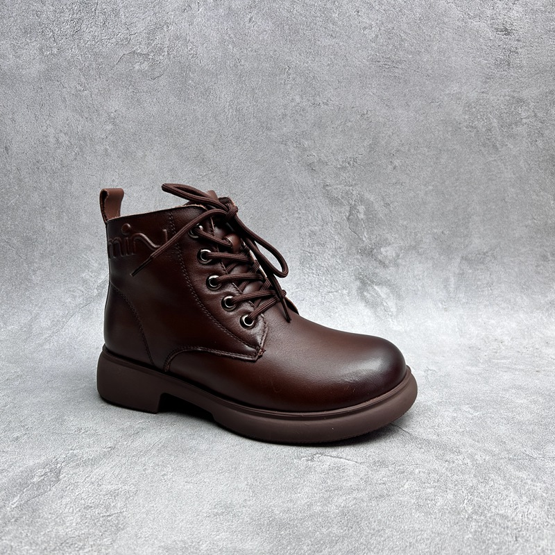 工厂2025秋冬真皮女鞋真皮拉链加棉圆头系带防滑底平底厚底短靴