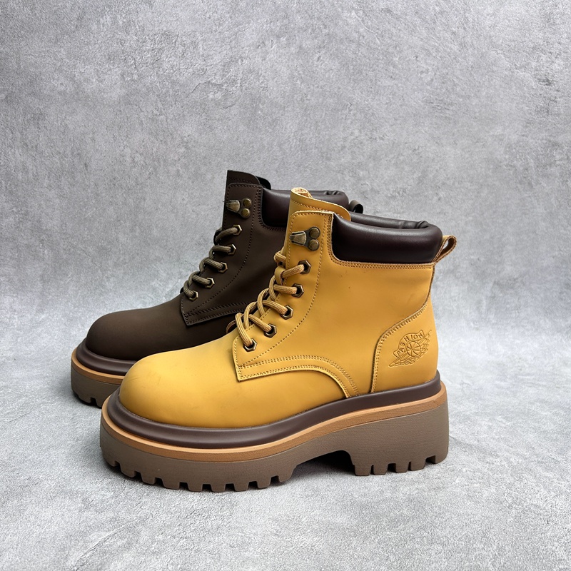 工厂2025秋季真皮女鞋真皮黄色靴圆头系带马丁靴工装厚底短靴