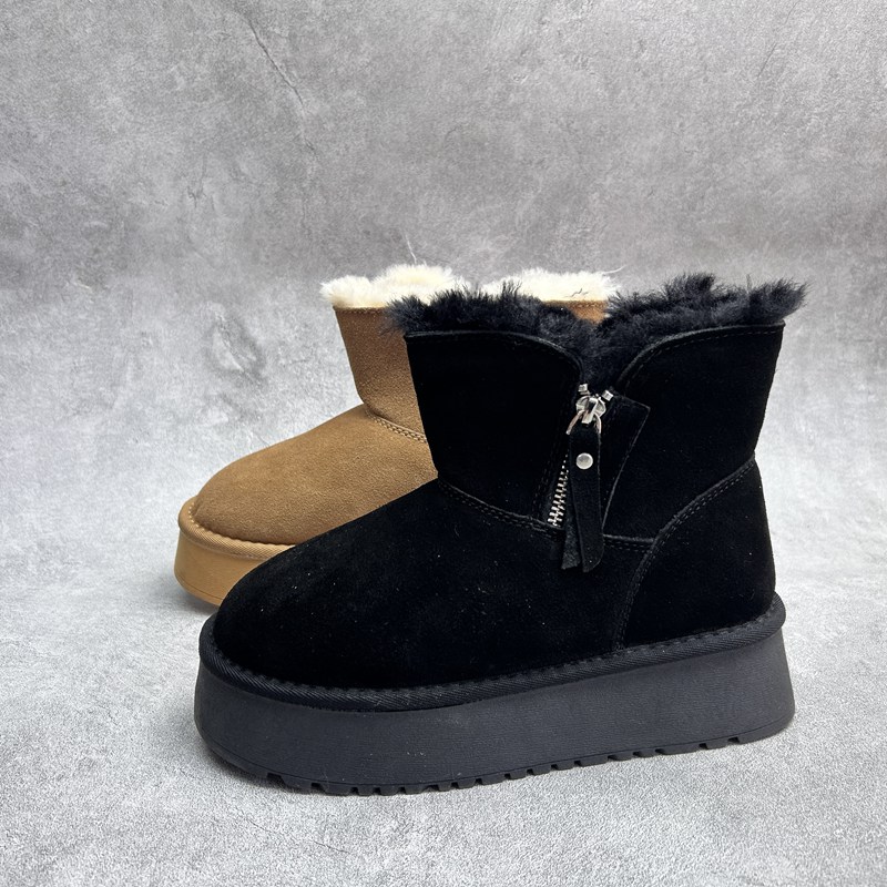 工厂2025处理冬款断码真皮女鞋雪地靴牛皮厚底套脚绒里舒适女短靴