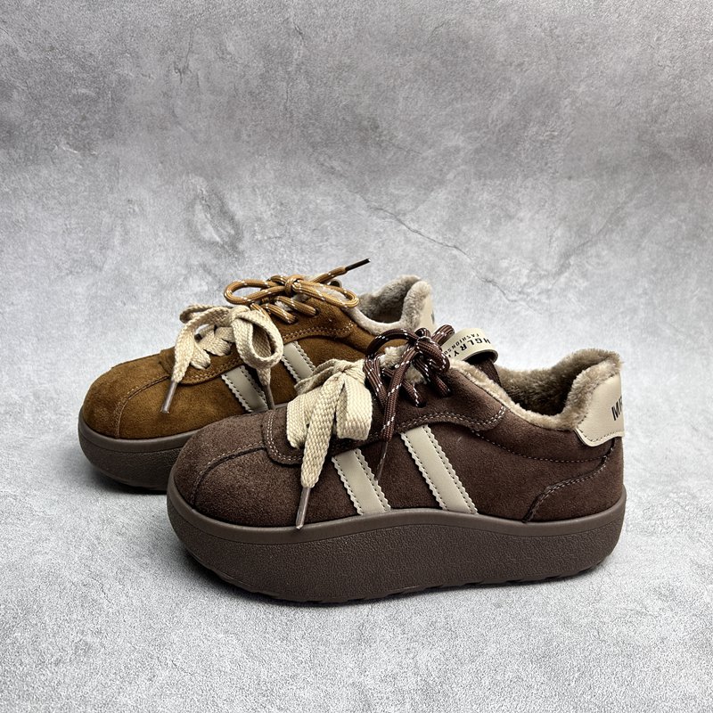 2025秋季新款女鞋超纤厚底休闲深口系带舒适百搭软底加绒女棉鞋