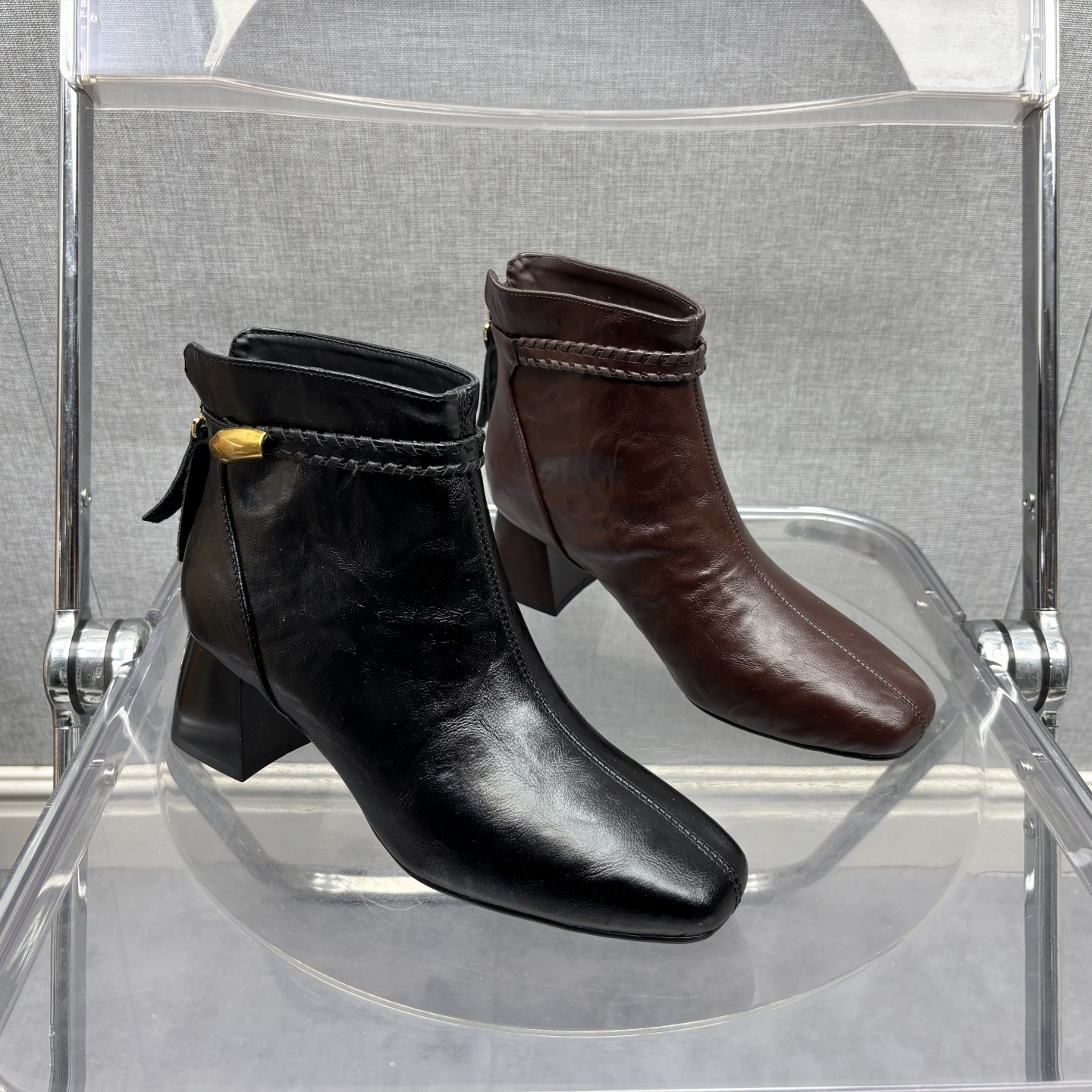 2025断码真皮秋冬新款女鞋粗跟短靴工厂方头牛皮拉链绒里女靴子