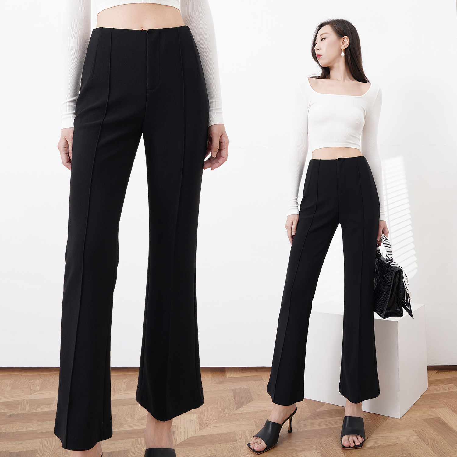 通勤简约高腰微喇休闲裤显瘦