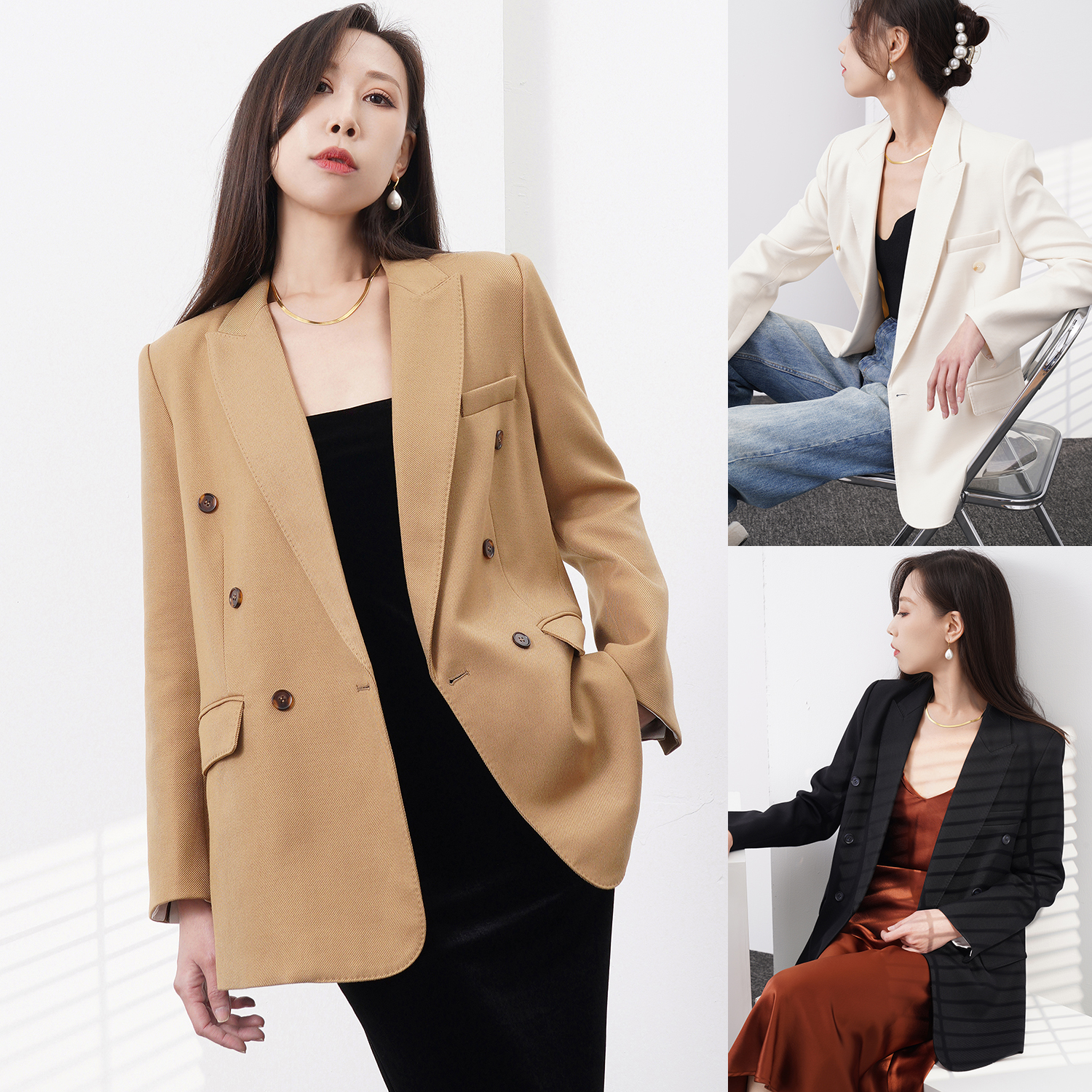 通勤手工拱针廓形西装羊毛真丝