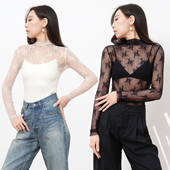 镂空透视网纱修身 高端蕾丝打底衫 性感半高领长袖 内搭叠穿上衣26春