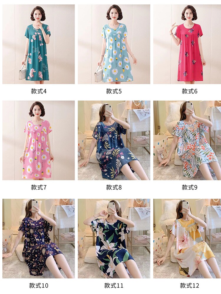 여성용 면 실크 잠옷 봄 가을 여름 얇은 잠옷 홈 스커트 새로운 반팔 면 실크 여아 어머니복 플러스 사이즈