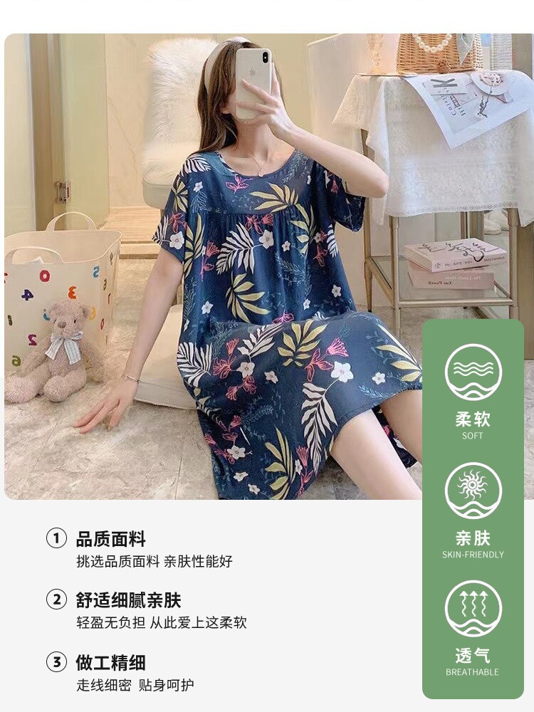 여성용 면 실크 잠옷 봄 가을 여름 얇은 잠옷 홈 스커트 새로운 반팔 면 실크 여아 어머니복 플러스 사이즈