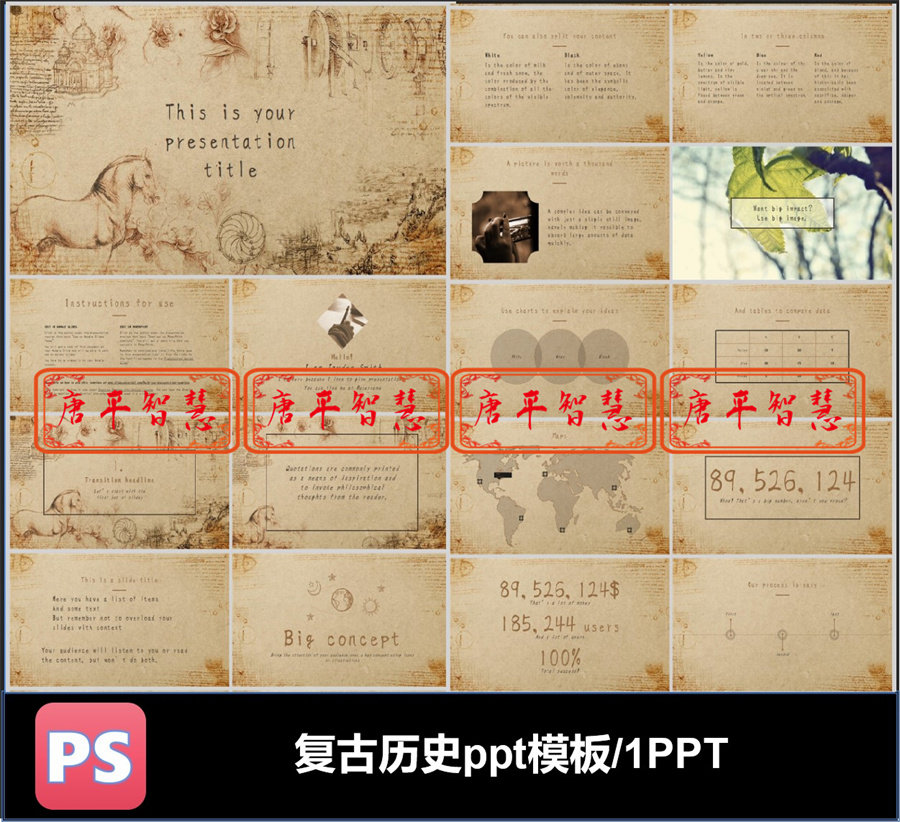 复古历史感符号工作计划总结品牌推广ppt模板可编辑素材