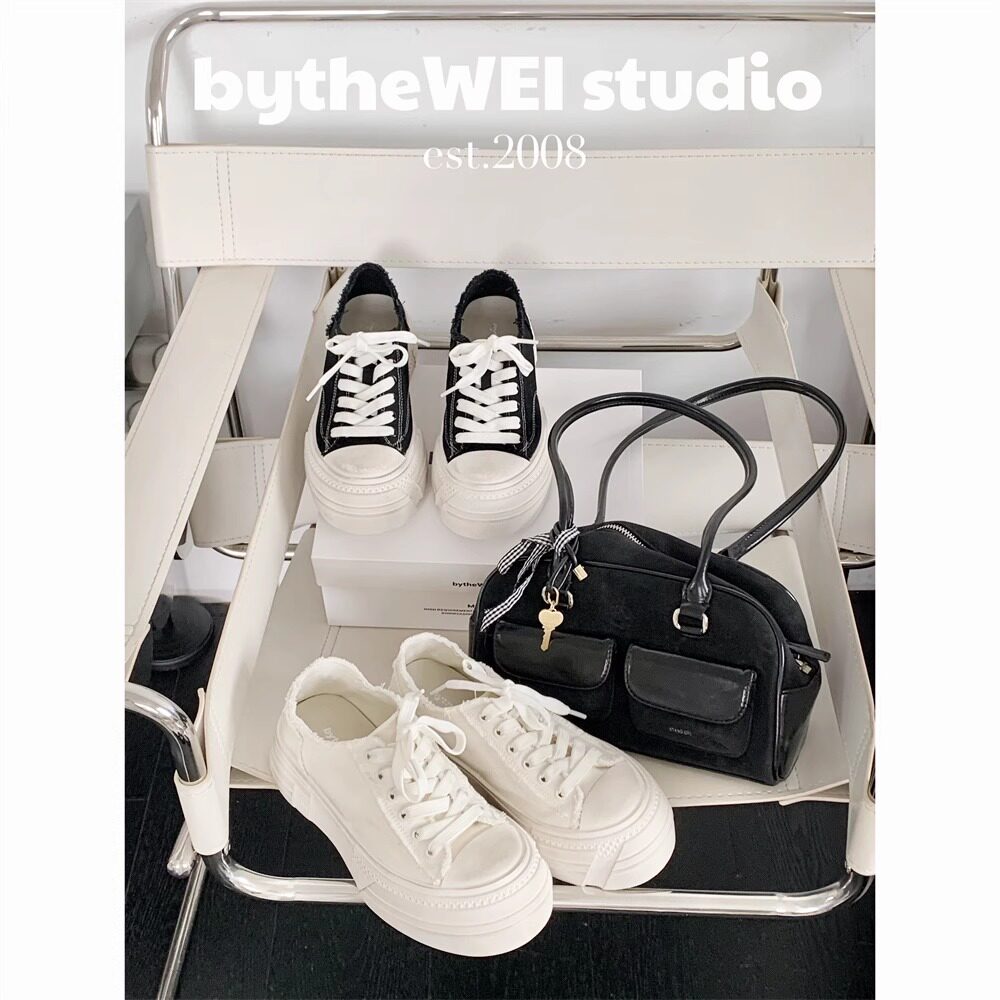bytheWEI【欧货脏脏帆布鞋】厚底小白鞋手工做旧夏季休闲鞋板鞋女