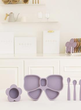 韩国进口高端ROCOU宝宝婴幼儿辅食硅胶餐具花朵型碗勺子防摔套装