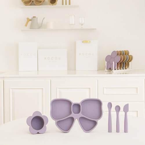 韩国进口高端ROCOU宝宝婴幼儿辅食硅胶餐具花朵型碗勺子防摔套装